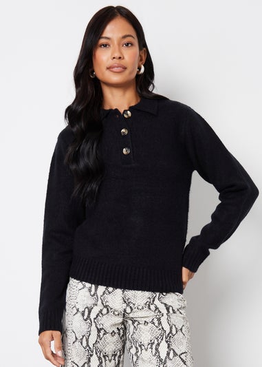 Threadbare Black Maed Polo Collar Knitted Jumper