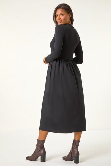 Roman Black Cotton Stretch Jersey Mix Midi Dress