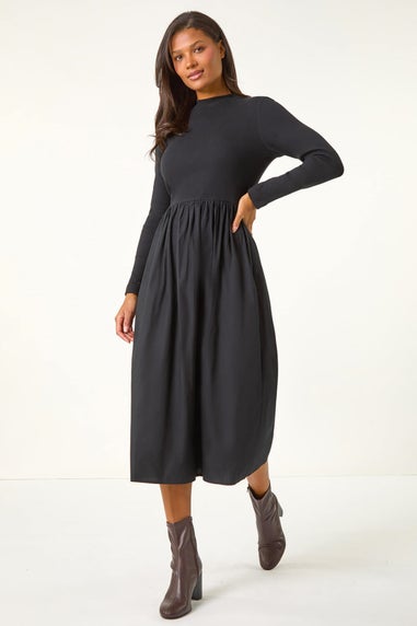 Roman Black Cotton Stretch Jersey Mix Midi Dress