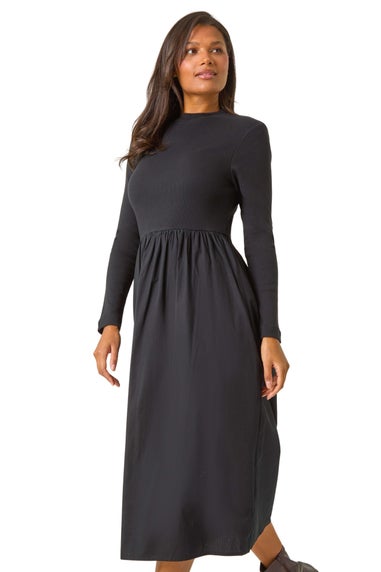 Roman Black Cotton Stretch Jersey Mix Midi Dress