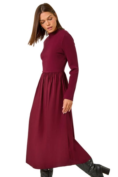 Roman Burgundy Cotton Stretch Jersey Mix Midi Dress