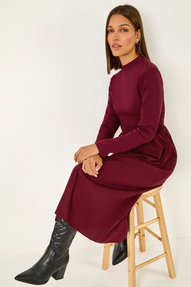 Roman Burgundy Cotton Stretch Jersey Mix Midi Dress