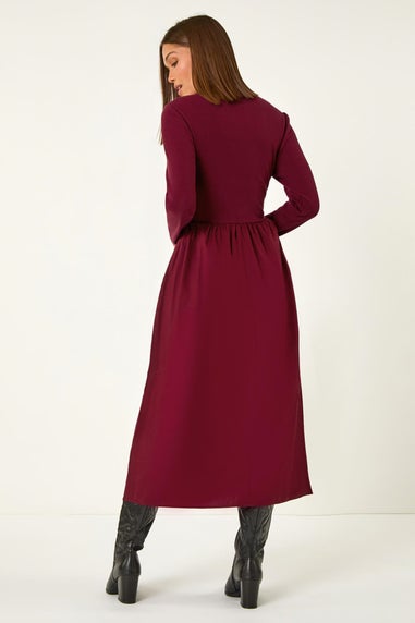 Roman Burgundy Cotton Stretch Jersey Mix Midi Dress