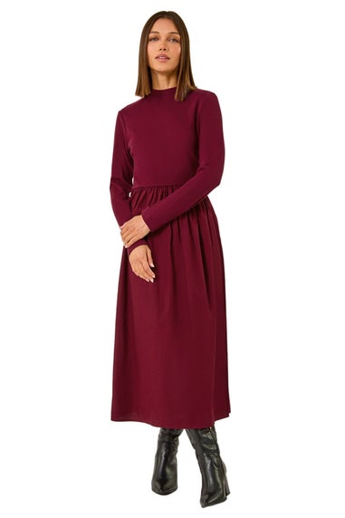 Roman Burgundy Cotton Stretch Jersey Mix Midi Dress