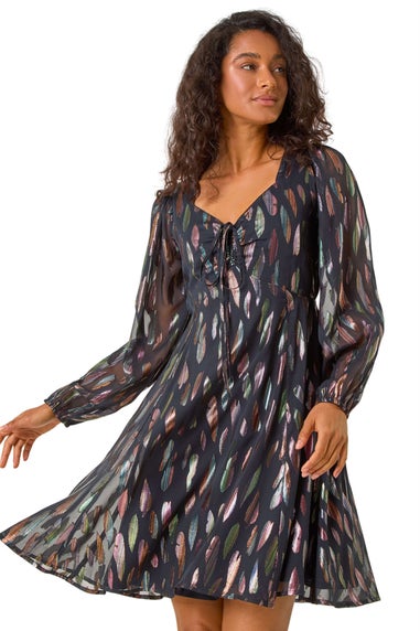 Dusk Black Foil Print Tie Front Fit & Flare Dress