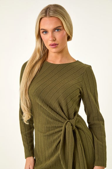 Roman Khaki Petite Brushed Tie Waist Stretch Midi Dress