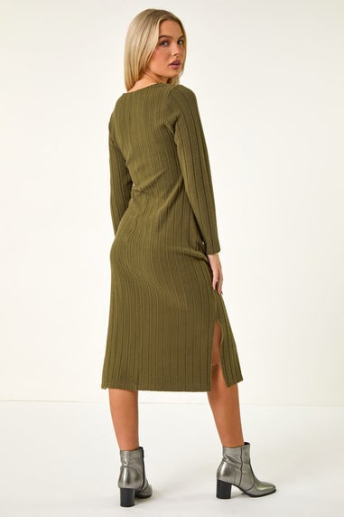 Roman Khaki Petite Brushed Tie Waist Stretch Midi Dress