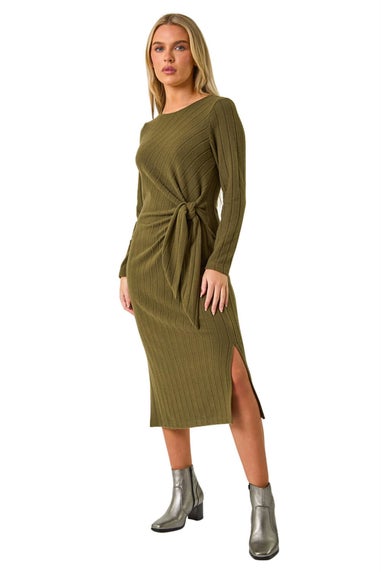 Roman Khaki Petite Brushed Tie Waist Stretch Midi Dress