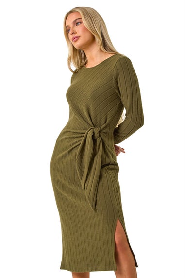 Roman Khaki Petite Brushed Tie Waist Stretch Midi Dress