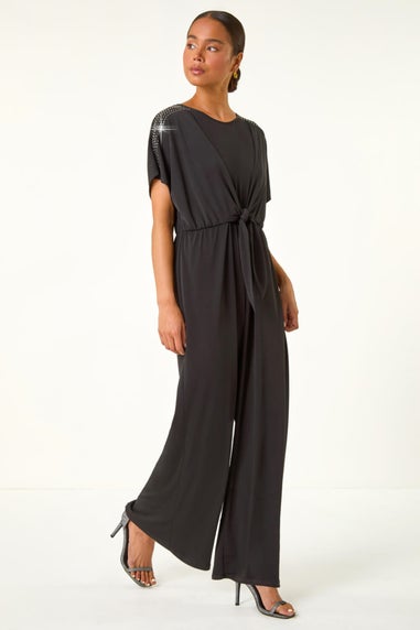 Roman Black Petite Hotfix Shoulder Jumpsuit