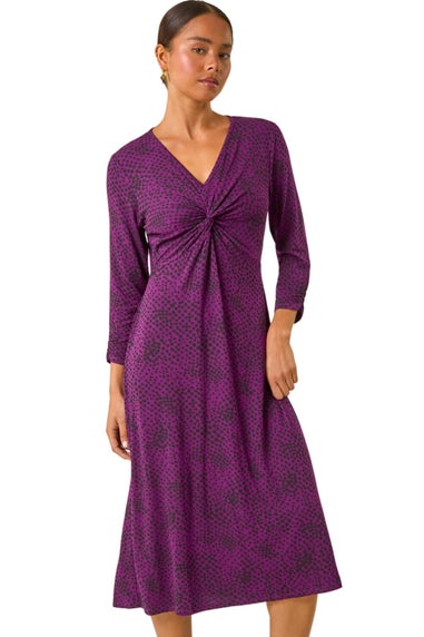 Roman Purple Petite Twist Front V-Neck Midi Dress