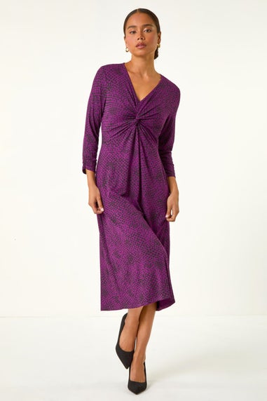 Roman Purple Petite Twist Front V-Neck Midi Dress