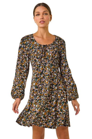 Roman Amber Floral Print Bow Detail Stretch Dress