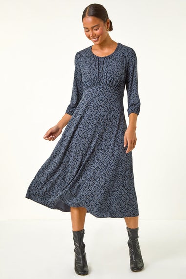 Roman Dark Grey Petite Spot Print Ruched Midi Dress