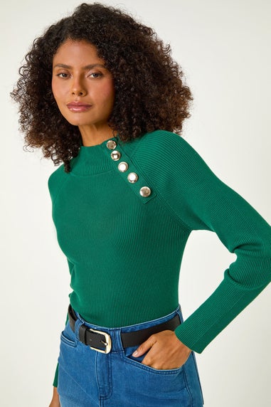 Dusk Green High Neck Button Shoulder Jumper