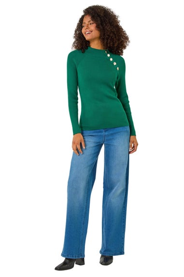 Dusk Green High Neck Button Shoulder Jumper