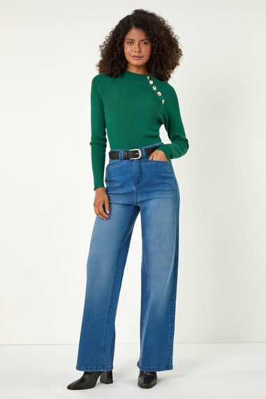 Dusk Green High Neck Button Shoulder Jumper