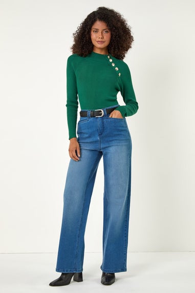 Dusk Green Dusk Button Detail Ribbed Jumper