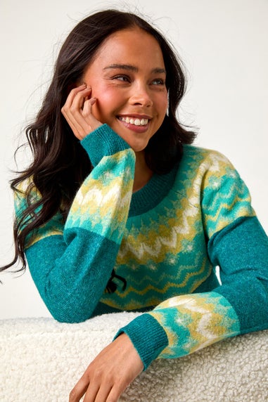 Roman Teal Petite Fairisle Detail Knit Jumper