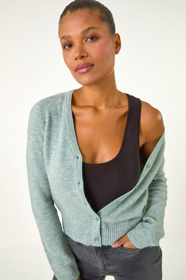 Roman Sage Shimmer V-Neck Ribbed Cardigan