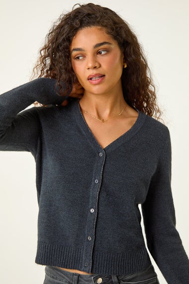 Roman Dark Grey Shimmer V-Neck Ribbed Cardigan