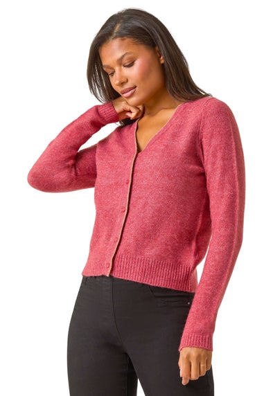 Roman Rose Shimmer V-Neck Ribbed Cardigan