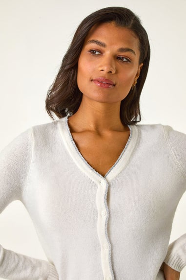 Roman White Shimmer V-Neck Ribbed Cardigan