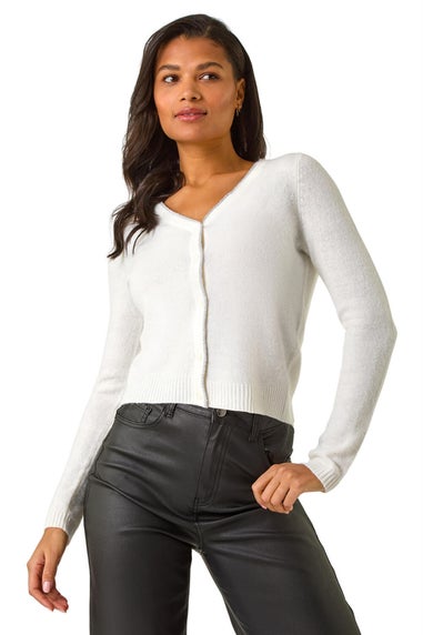 Roman White Shimmer V-Neck Ribbed Cardigan