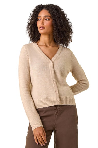 Roman Natural Shimmer V-Neck Ribbed Cardigan