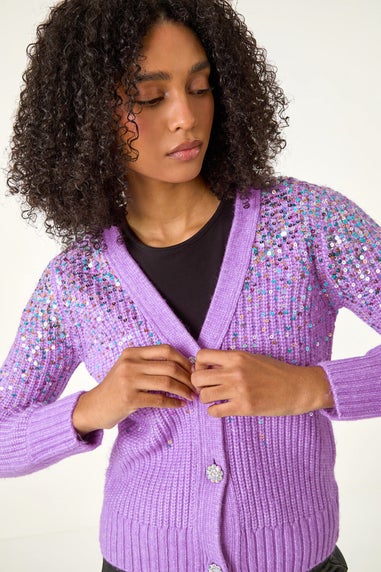 Roman Lilac Sequin Knit Buttoned Cardigan