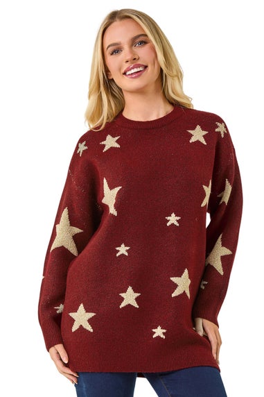 Roman Burgundy Petite Metallic Star Knit Jumper