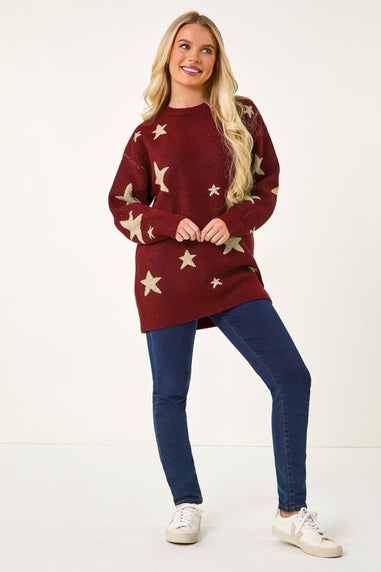 Roman Burgundy Petite Metallic Star Knit Jumper