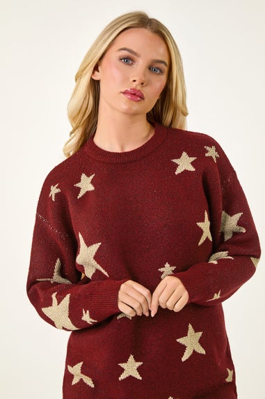 Roman Burgundy Petite Metallic Star Knit Jumper