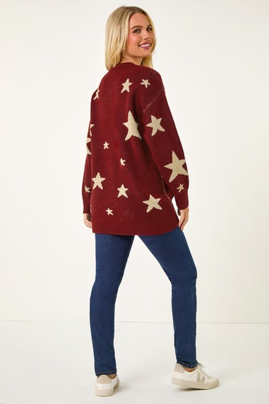 Roman Burgundy Petite Metallic Star Knit Jumper