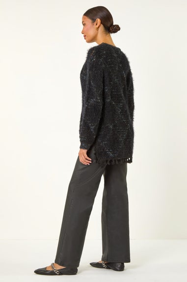 Roman Black Fluffy Knit Fringe Hem Jumper