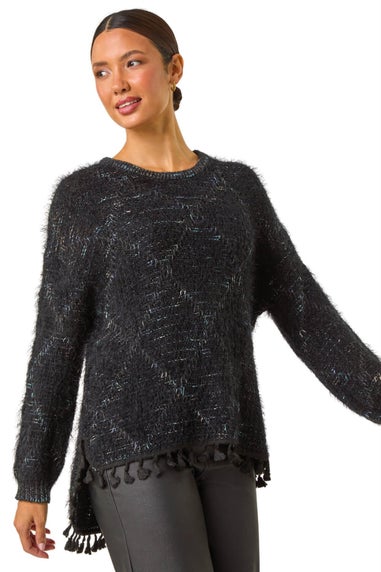 Roman Black Fluffy Knit Fringe Hem Jumper