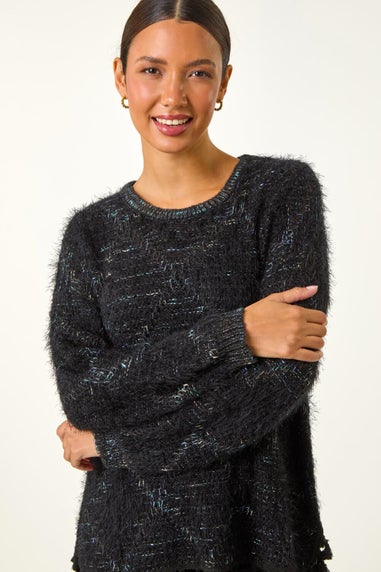 Roman Black Fluffy Knit Fringe Hem Jumper