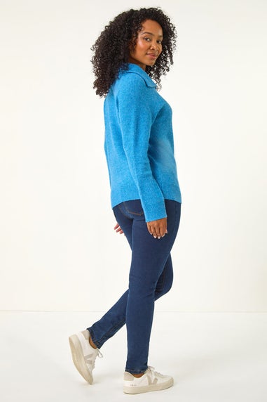 Roman Blue Petite Zip Detail Collared Jumper