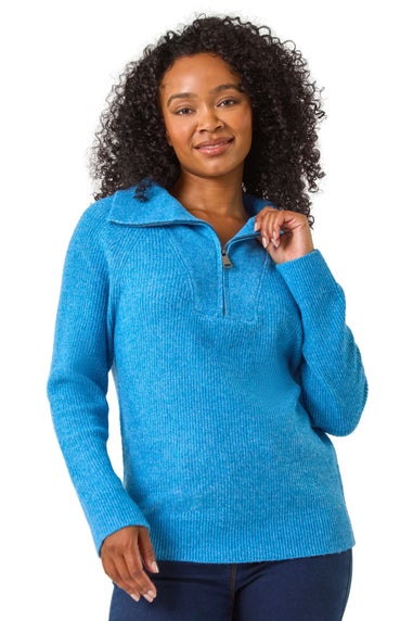 Roman Blue Petite Zip Detail Collared Jumper