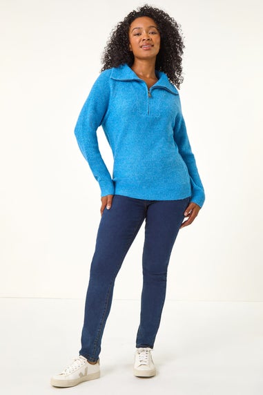 Roman Blue Petite Zip Detail Collared Jumper