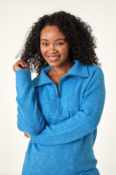 Roman Blue Petite Zip Detail Collared Jumper