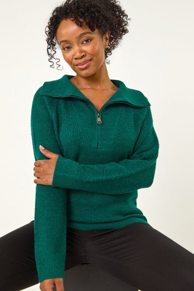 Roman Dark Green Petite Zip Detail Collared Jumper