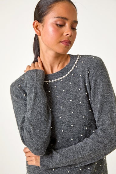 Roman Grey Petite High Neck Pearl Knit Jumper