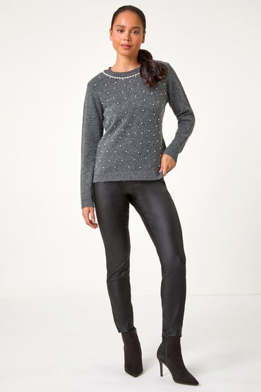 Roman Grey Petite High Neck Pearl Knit Jumper