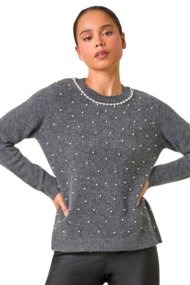 Roman Grey Petite High Neck Pearl Knit Jumper