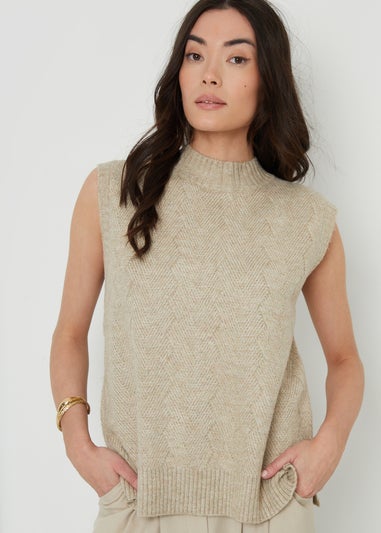 Threadbare Beige June High Neck Basket Stitch Knitted Vest