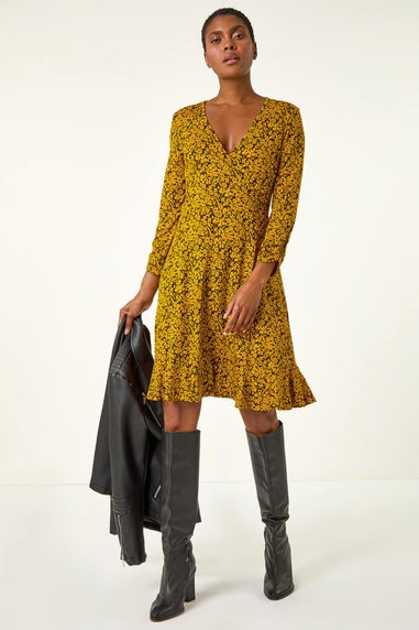 Roman Amber Floral Print Wrap Front Stretch Dress