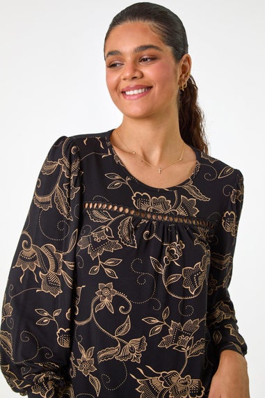 Roman Tan Floral Print Trim Detail Stretch Top