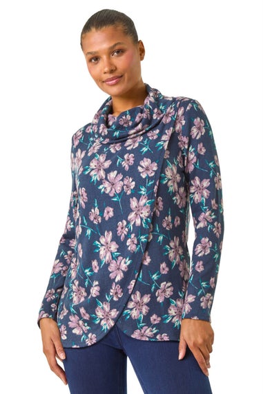 Roman Navy Cowl Neck Floral Snit Top