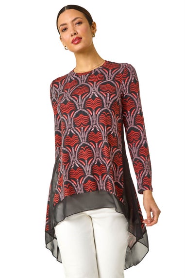 Roman Red Chiffon Hem Printed Stretch Top